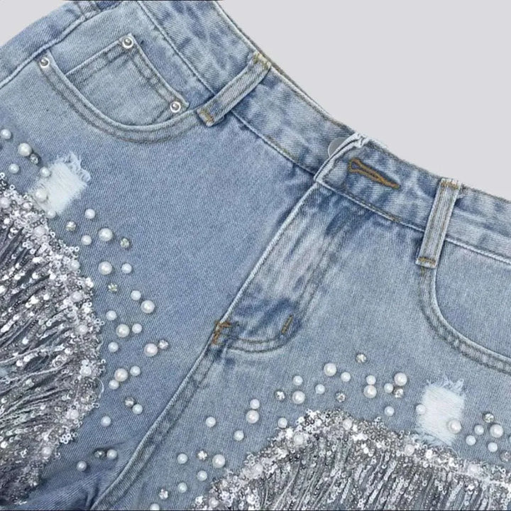Diamond fringe leg denim shorts